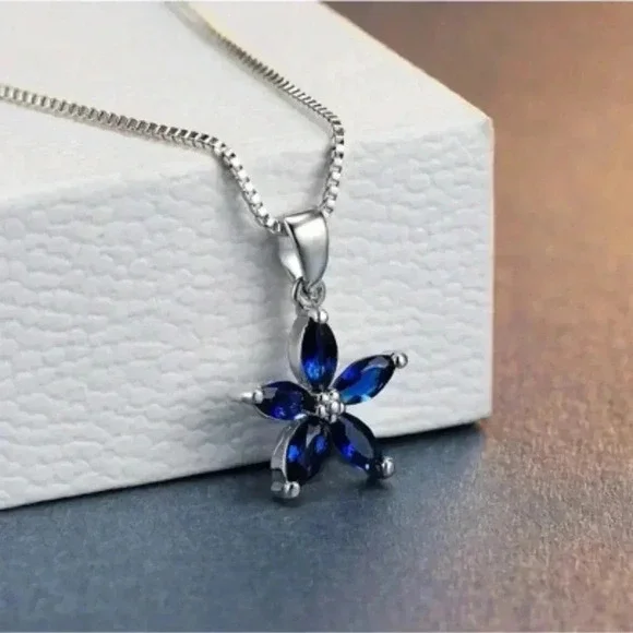 Sterling Silver 925 Blue Sapphire Flower Pendant Necklace - Picture 2 of 5